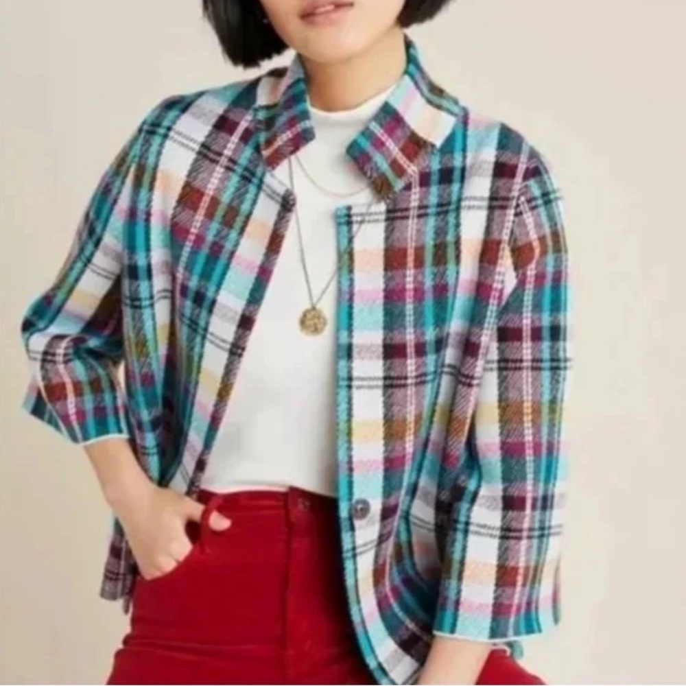Anthropologie Rosetta Cropped Plaid 3/4 Length Sleeve Jacket Knit